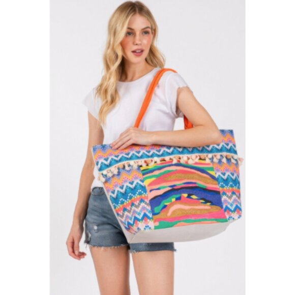 Boho Print Pom Pom Fringe Large Tote Bag Multicolor - Picture 2 of 4